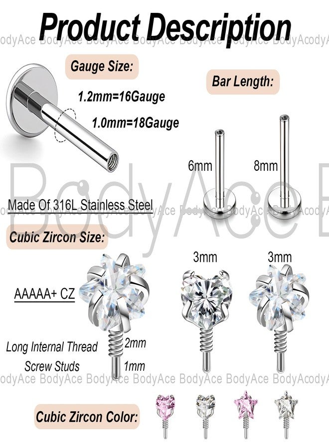 BodyAce 16G 18G Tragus Piercing Labret Medusa Jewelry Long Internally Threaded Nose Stud Flat Back Earrings Pink CZ Monroe Lip Rings Heart Cartilage Helix Studs Star [16G(1.2mm);Length:6mm] - Image 2